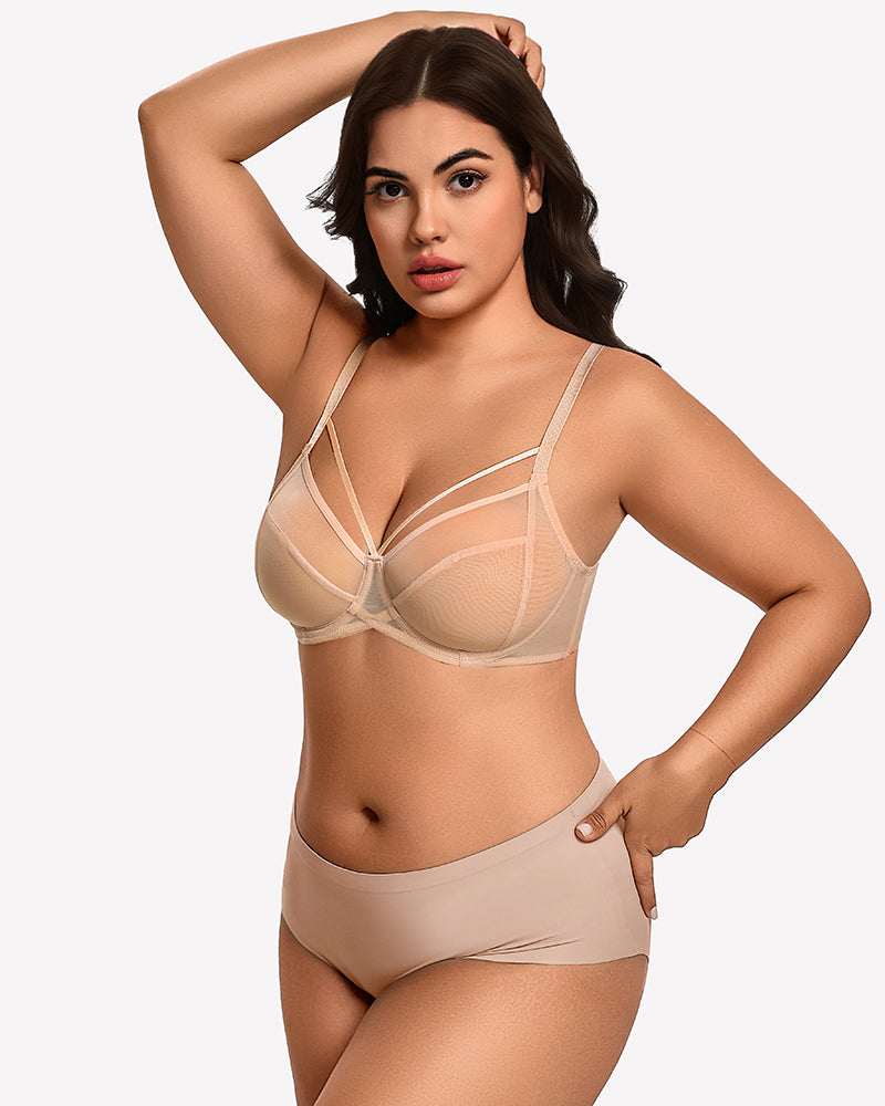 Champagne sheer mesh minimizer bra with strappy underwire cups