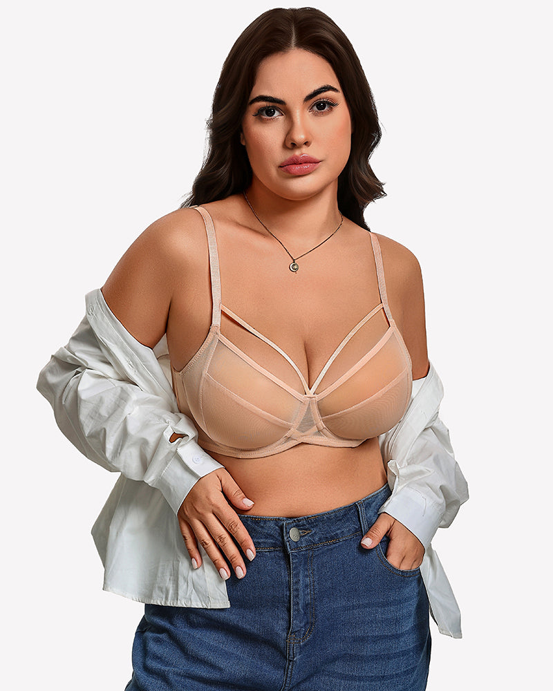 Champagne sheer mesh minimizer bra with mesh panels and underwire cups