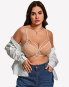 Champagne sheer mesh minimizer bra with mesh panels and underwire cups