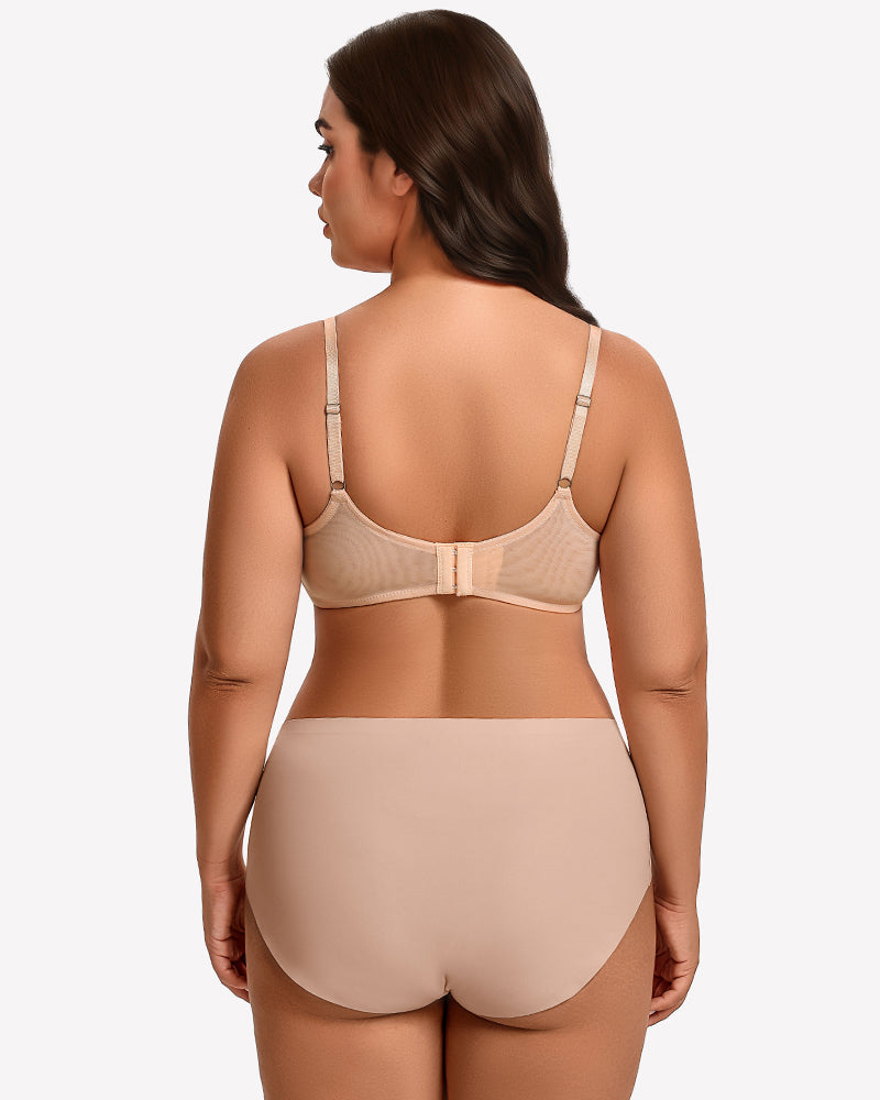 Champagne sheer mesh minimizer bra back view with full-coverage rear and hook-and-eye