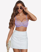 Purple sheer mesh minimizer bra with underwire cups and strappy cross-strap detail