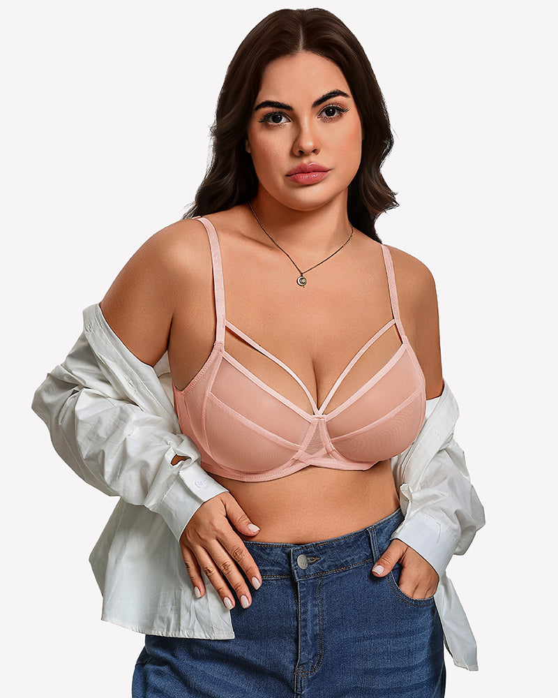 Pink sheer mesh minimizer bra with underwire cups and crossed sheer center panel
