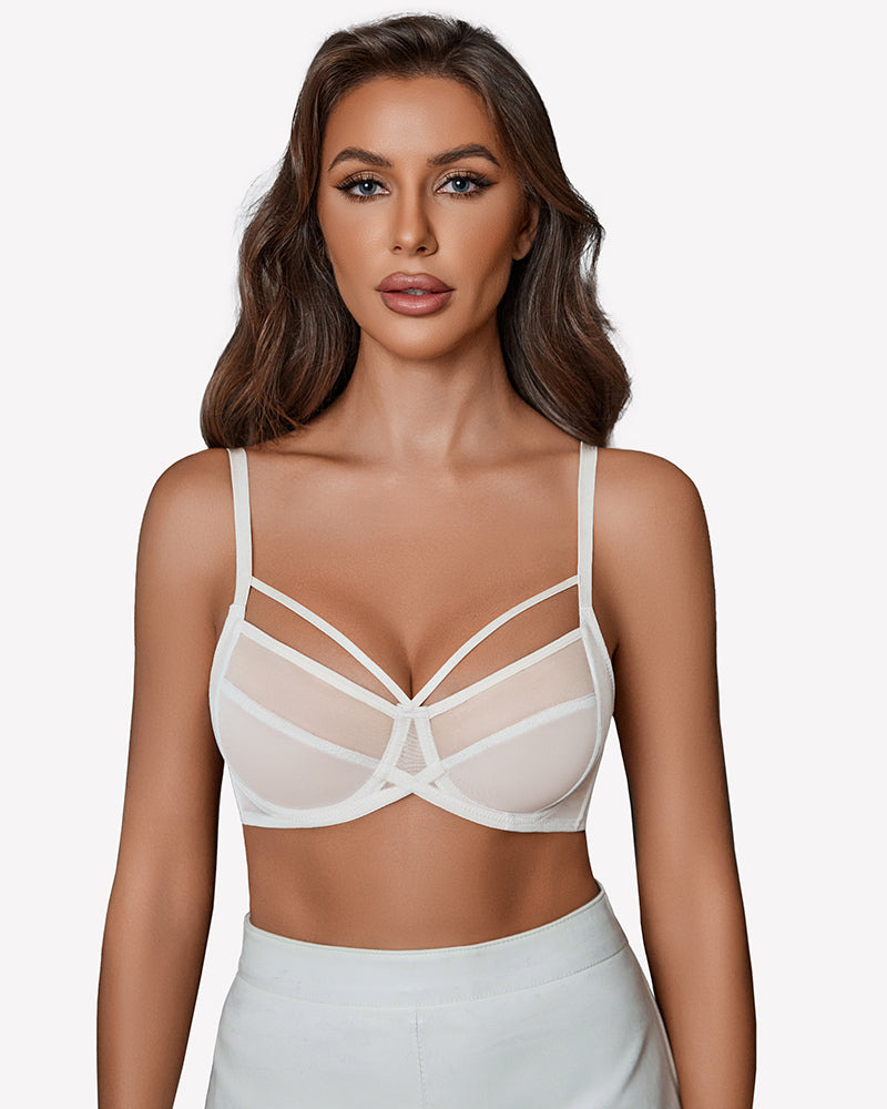 Light beige sheer mesh minimizer bra with full-coverage underwire cups