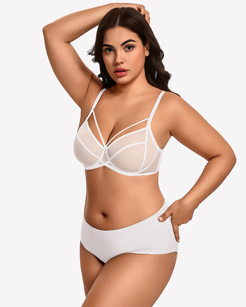 White sheer mesh minimizer bra with full-coverage underwire cups and spaghetti straps