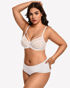 White sheer mesh minimizer bra with full-coverage underwire cups and spaghetti straps