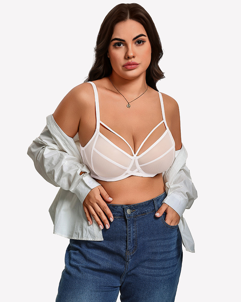 White sheer mesh minimizer bra with full-coverage underwire cups and thin straps