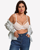 White sheer mesh minimizer bra with full-coverage underwire cups and thin straps