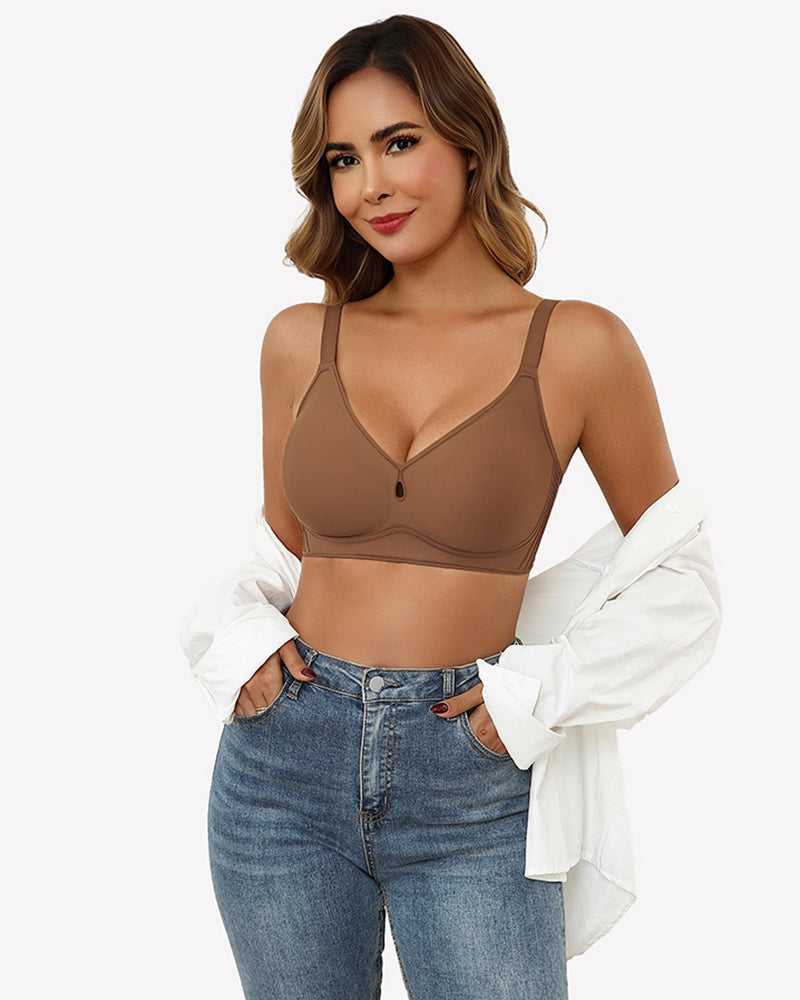 No-underwire seamless bralette, warm brown, velvet-trim scoop neckline and cutout front