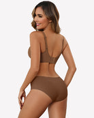 No-underwire seamless bralette, warm brown, racer-back straps and velvet-trim edges