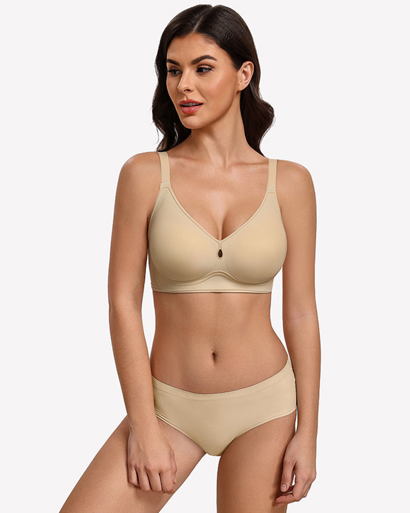 No-underwire seamless bralette in wheat with velvet-trim V neckline, front view