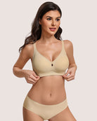 No-underwire seamless bralette, wheat, velvet-trim V neckline and center cutout