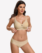 No-underwire seamless bralette, wheat-beige, velvet-trim scoop neckline and cutout front