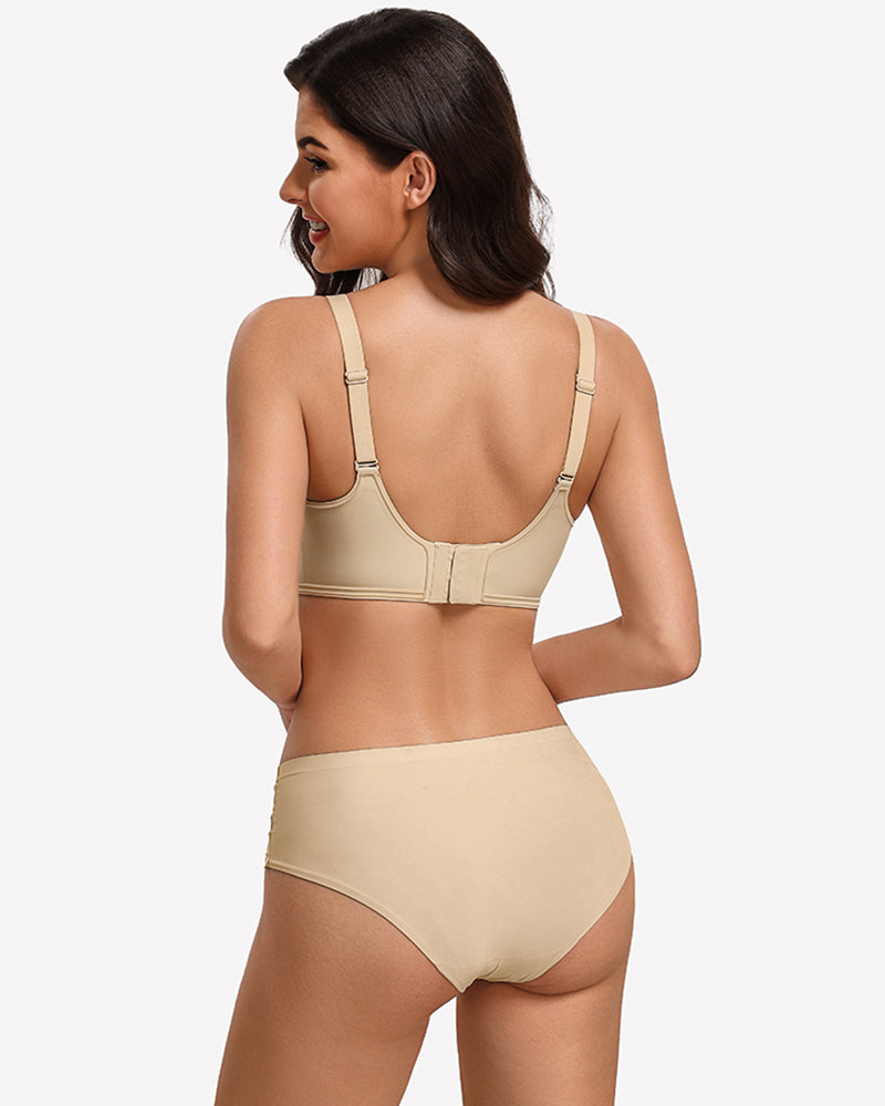 No-underwire seamless bralette, back view, adjustable straps in wheat