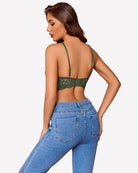 Green V-neck wireless unlined lace bra with racer back straps