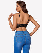 Black V-neck wireless unlined lace bra, racer back straps