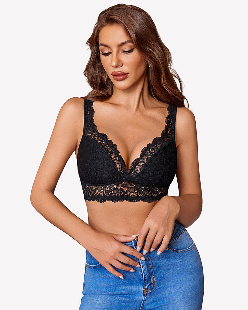Black V-neck wireless unlined lace bra with scalloped edges