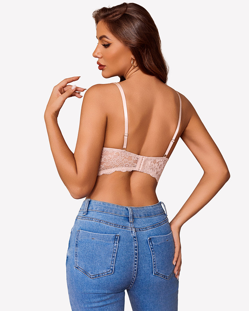 Beige V-neck wireless unlined lace bra with back straps detail