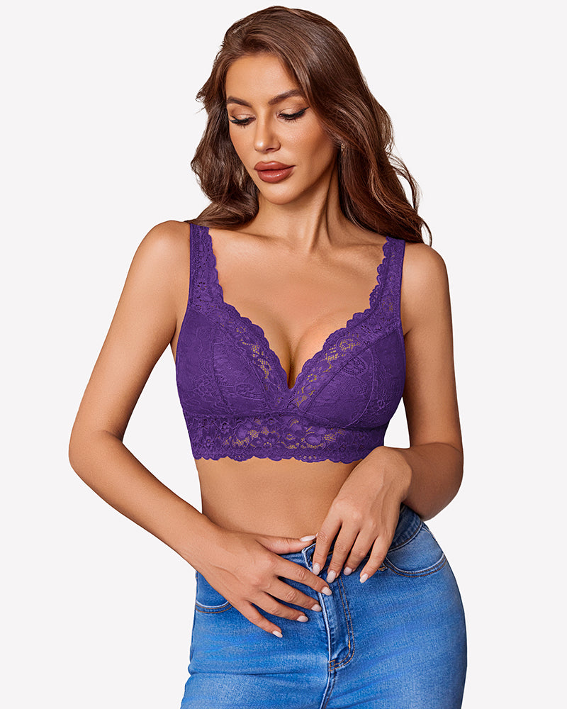 Purple V-neck wireless unlined lace bra with scalloped lace trim