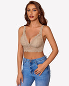 Beige V-neck wireless unlined lace bra with lace scoop neckline