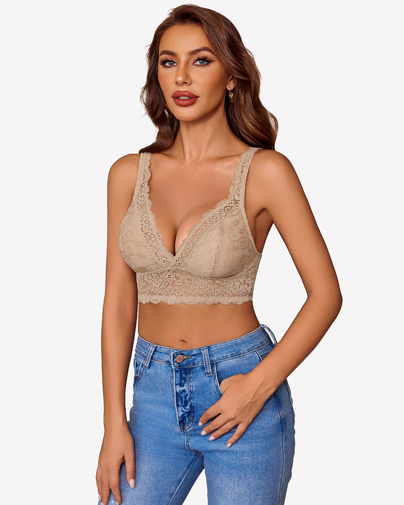 Beige V-neck wireless unlined lace bra with lace scoop neckline