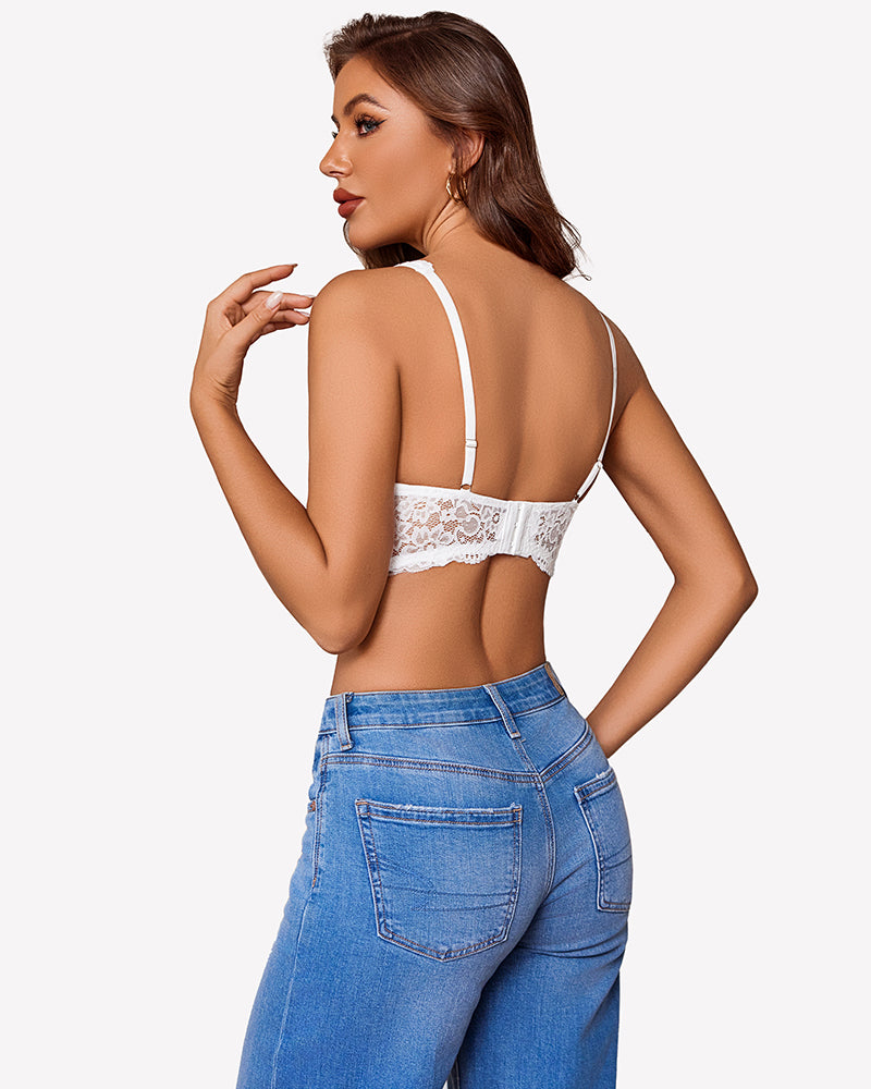 Wireless V-neck bra with lace back, unlined cups, white color