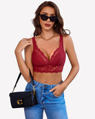 Wireless V-neck lace bra with unlined cups, burgundy red color