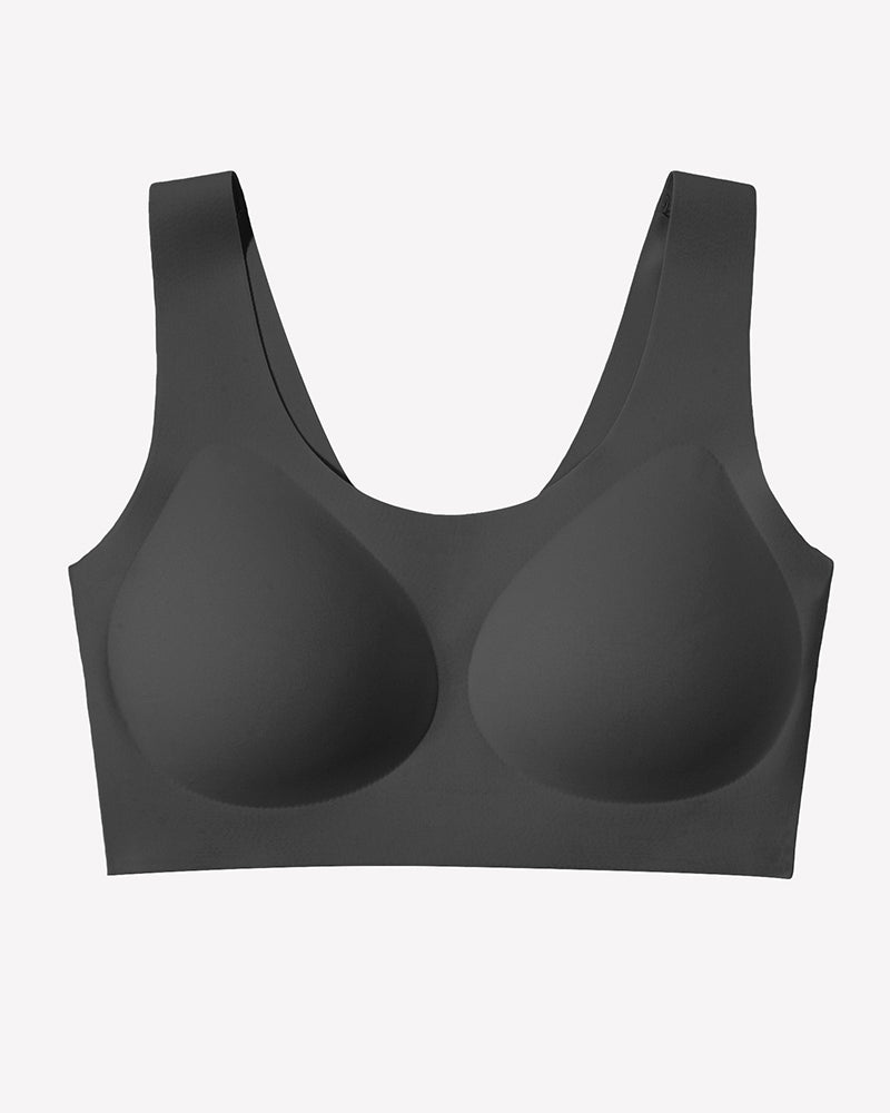 Wireless seamless no-underwire bra in black, seamless scoop-neck design