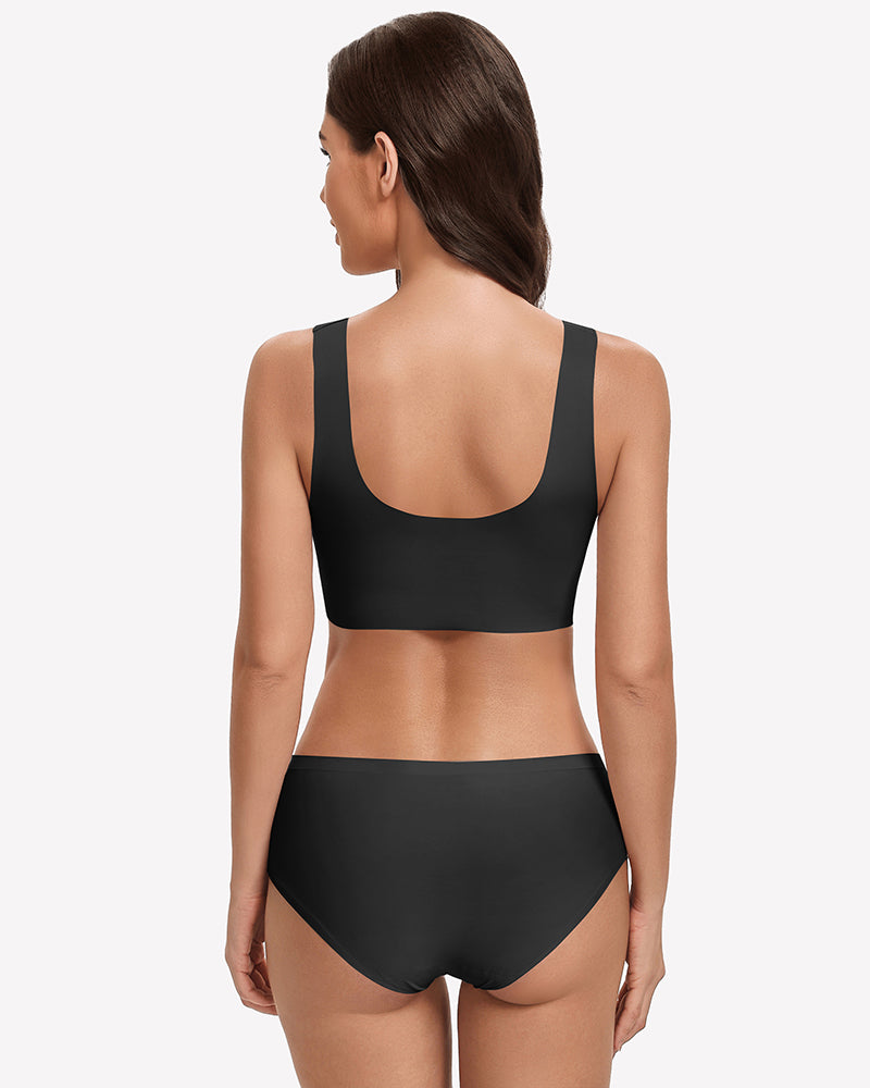 Wireless seamless no-underwire bra set in black with matching briefs, back view