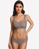 Wireless seamless no-underwire bra set in grey with matching briefs