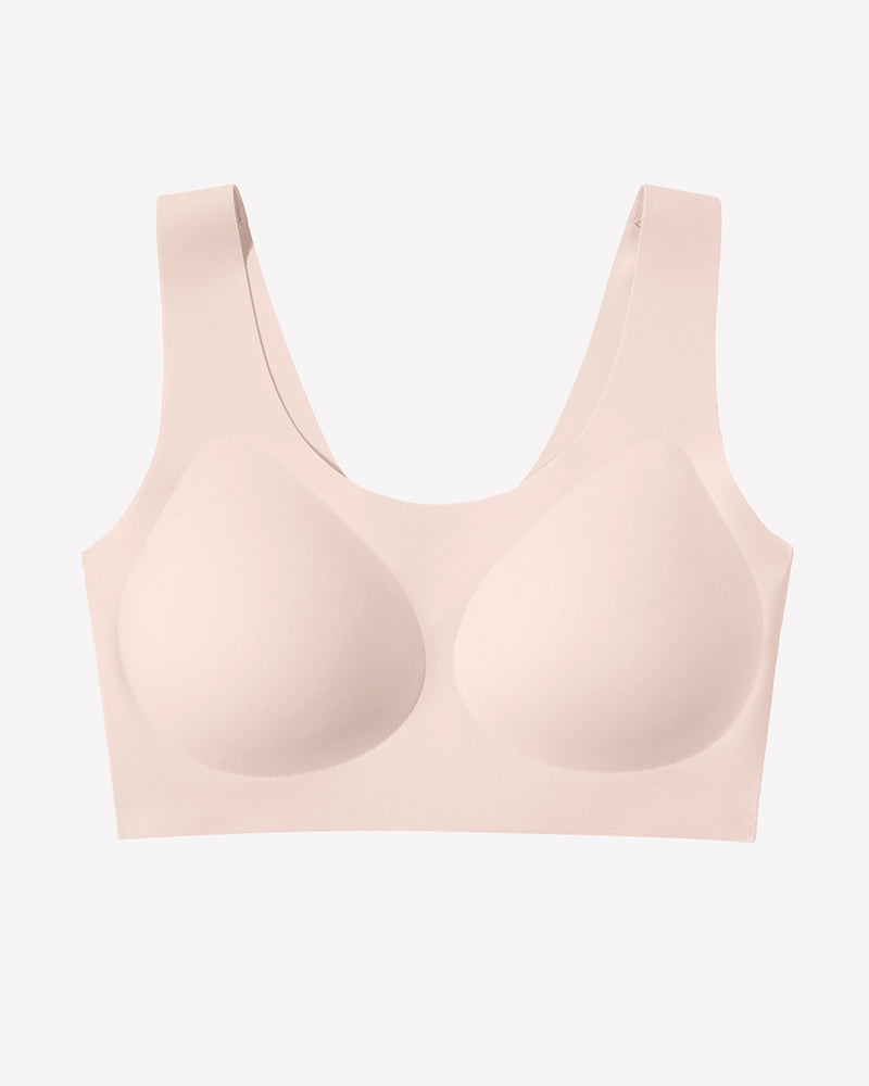 Wireless seamless no-underwire bra in nude pink, seamless scoop-neck design