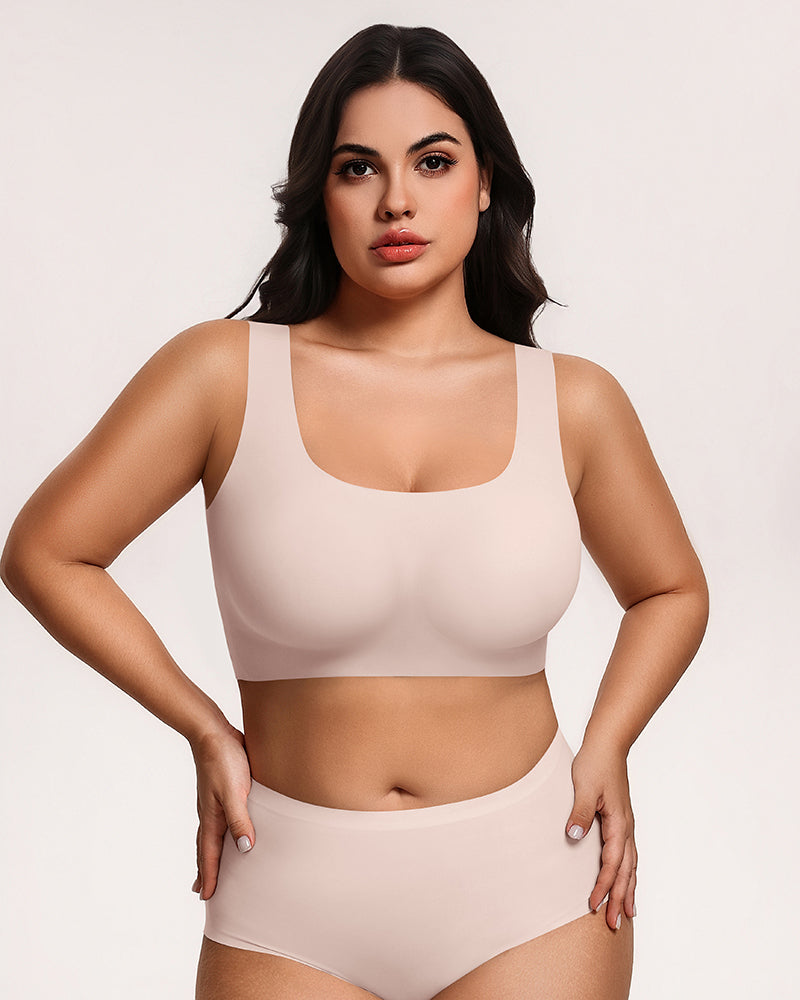 Wireless seamless no-underwire bra set in nude with matching high-rise briefs