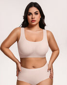 Wireless seamless no-underwire bra set in nude with matching high-rise briefs