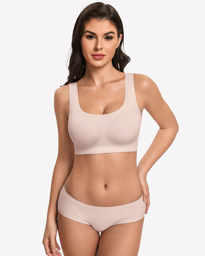 Wireless seamless no-underwire bra set in light nude, scoop neckline with wide straps