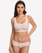 Wireless seamless no-underwire bra set in light nude, scoop neckline with wide straps