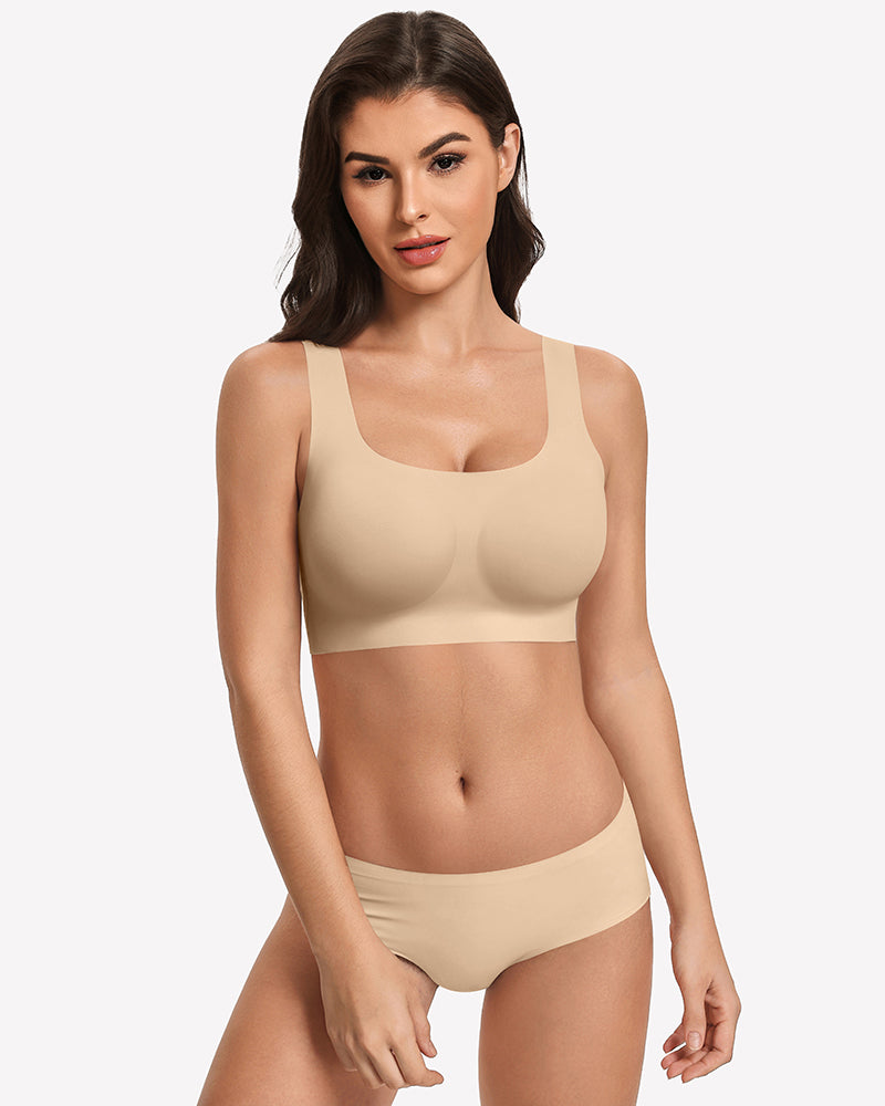 Wireless seamless no-underwire bra set in beige with matching briefs