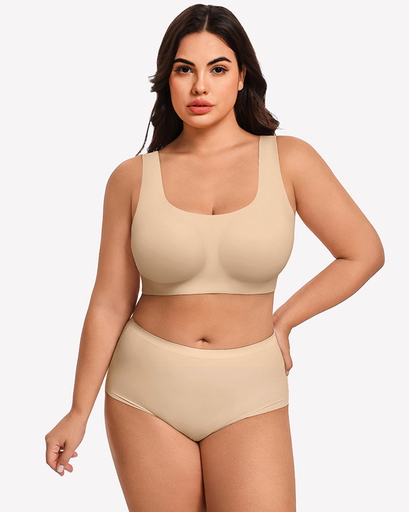 Wireless seamless no-underwire bra set in nude beige, smooth unlined cups with wide straps