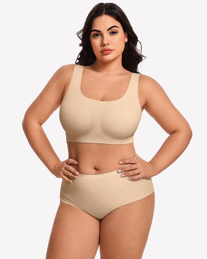 Wireless seamless no-underwire bra set in nude beige, front view with wide straps