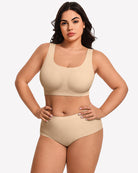 Wireless seamless no-underwire bra set in nude beige, front view with wide straps