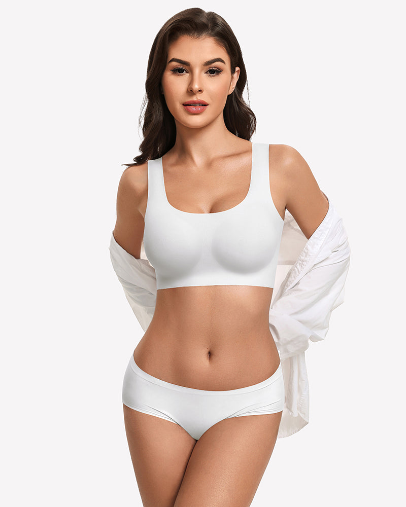 Wireless seamless no-underwire bra set in white with matching briefs