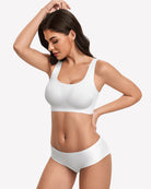 Wireless seamless no-underwire bra set in white, side view with scoop neckline