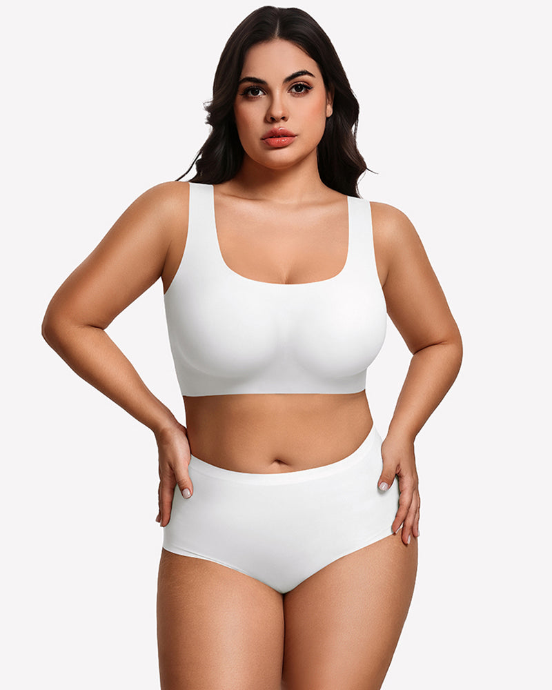 Wireless seamless no-underwire bra set in white, smooth cups with wide tank straps