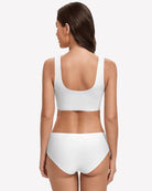 Wireless seamless no-underwire bra set in white, back view with racerback straps