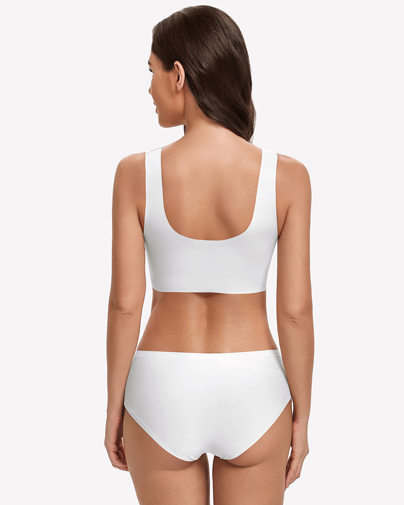 Wireless seamless no-underwire bra set in white, back view with racerback straps