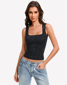Black square-neck sleeveless going-out top with scalloped lace trim, double-lined