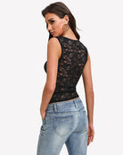 Black square-neck sleeveless lace going-out top, back view with scalloped trim, double-lined