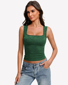 Green square-neck sleeveless lace going-out top with scalloped neckline, double-lined