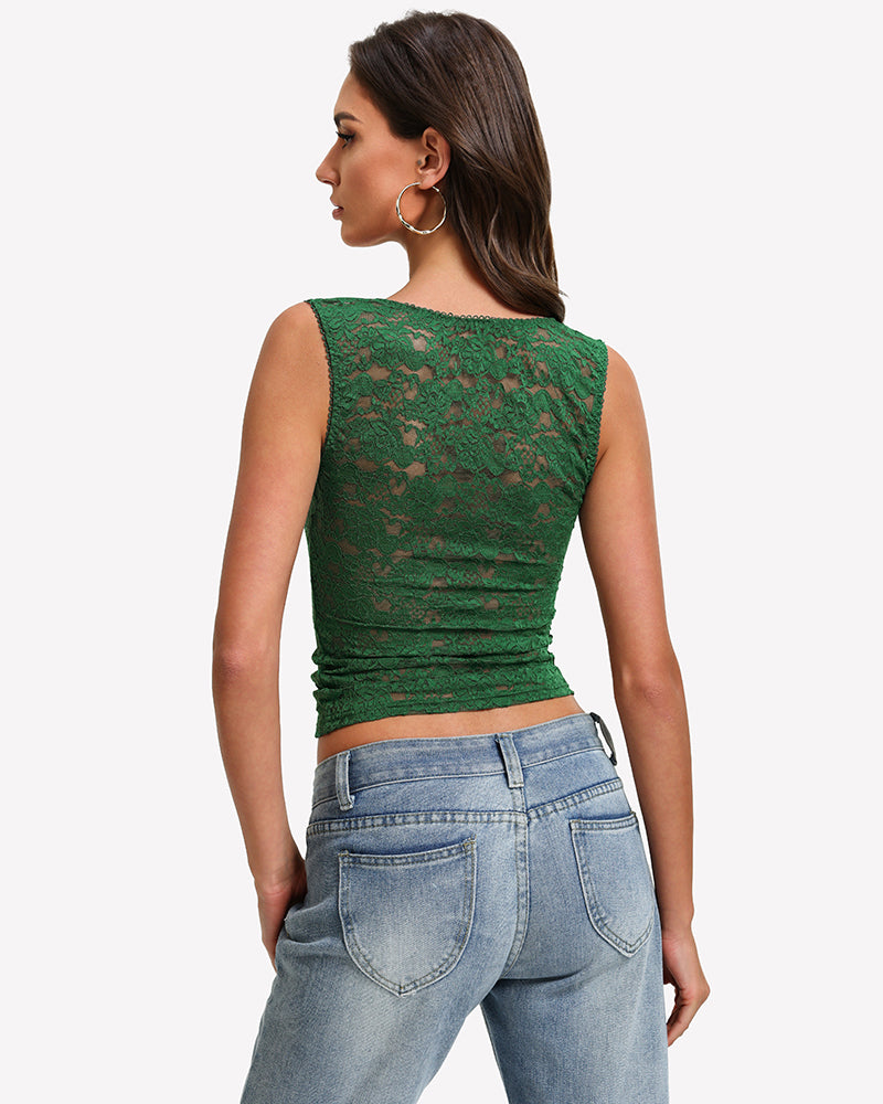 Square-neck double-lined going out top in green lace, sleeveless back view