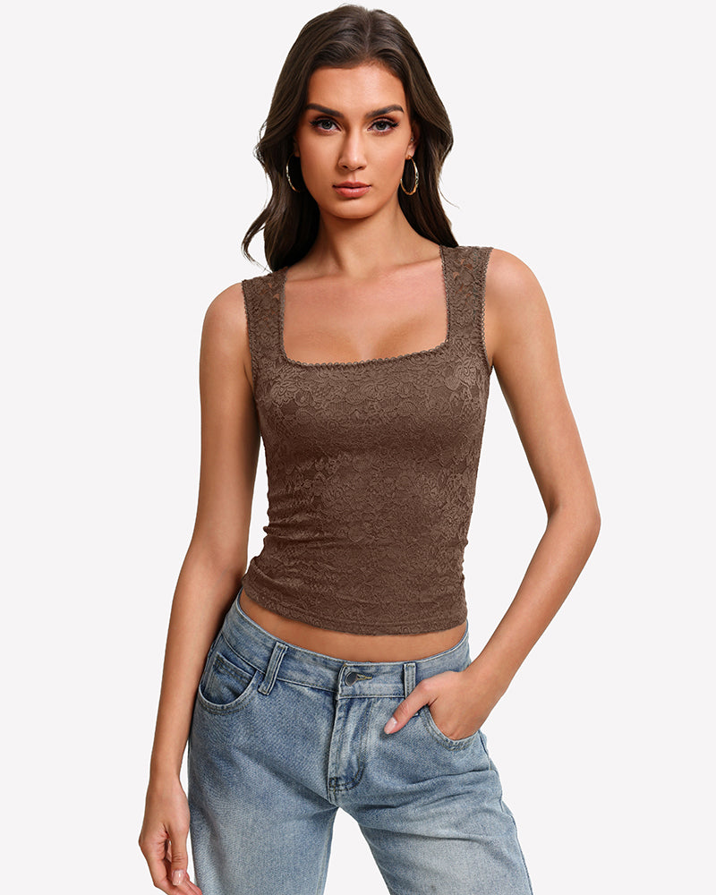 Brown square-neck sleeveless lace going-out top with scalloped neckline, double-lined