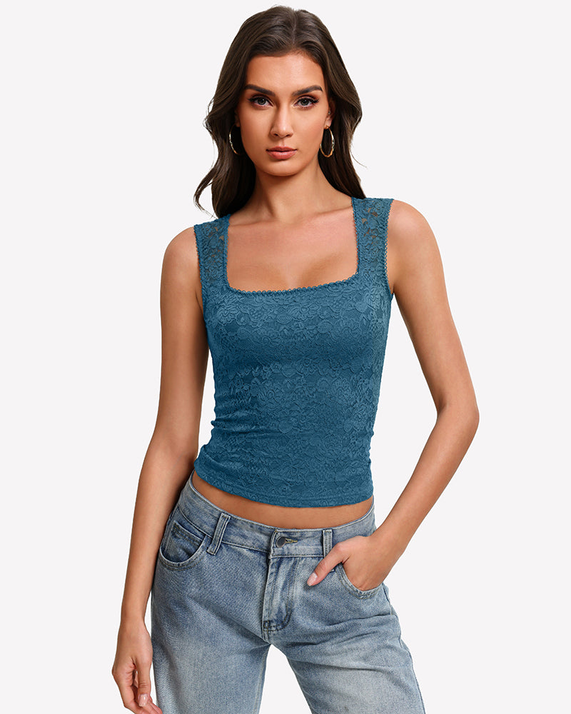 Blue square-neck sleeveless lace going-out top with scalloped neckline, double-lined