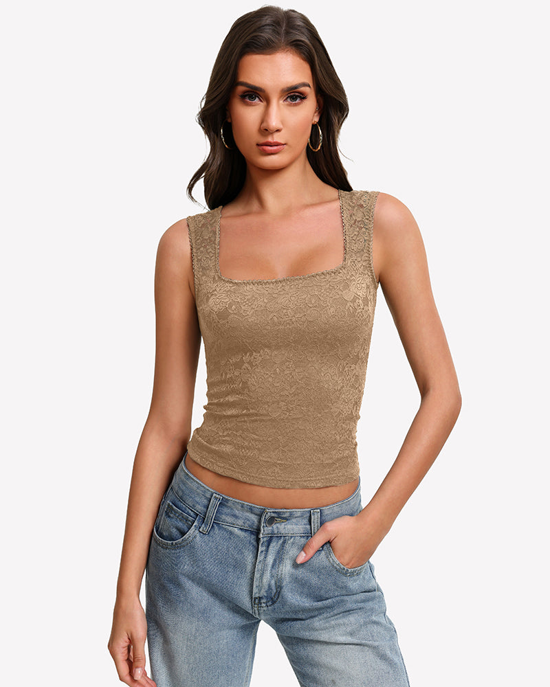 Khaki square-neck sleeveless lace going-out top with scalloped neckline, double-lined